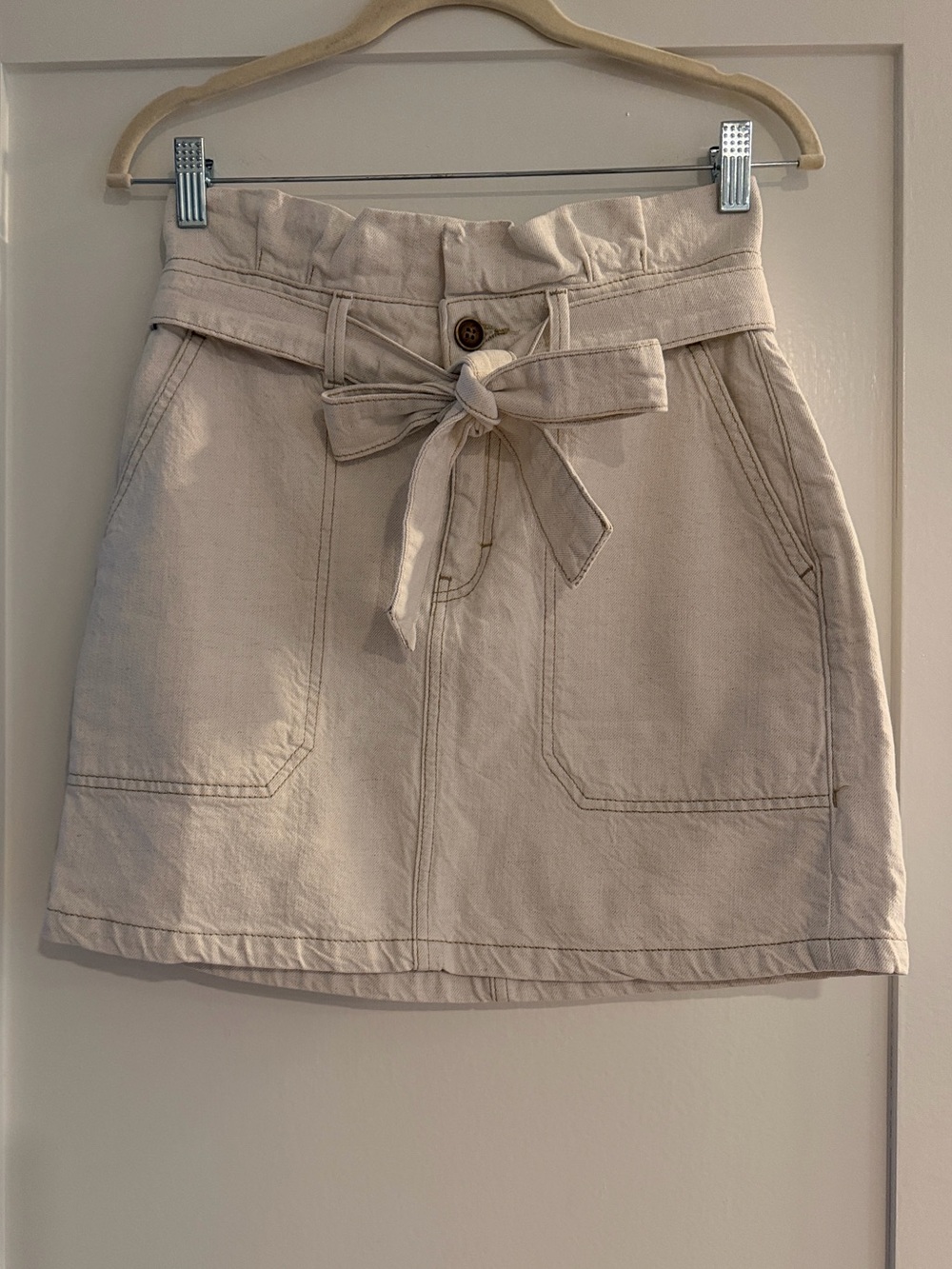 Free People Paperbag Waist Lightweight Denim Mini Skirt in Cream | Size 4